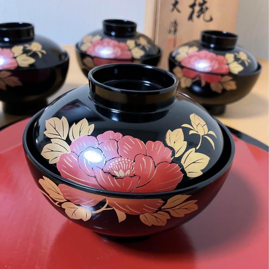 【未使用】会津塗　大峰　牡丹　金蒔絵　汁椀　吸物椀　5客 会津塗 大峰 牡丹 金蒔絵 汁椀 吸物椀 5客 ※海外発送の